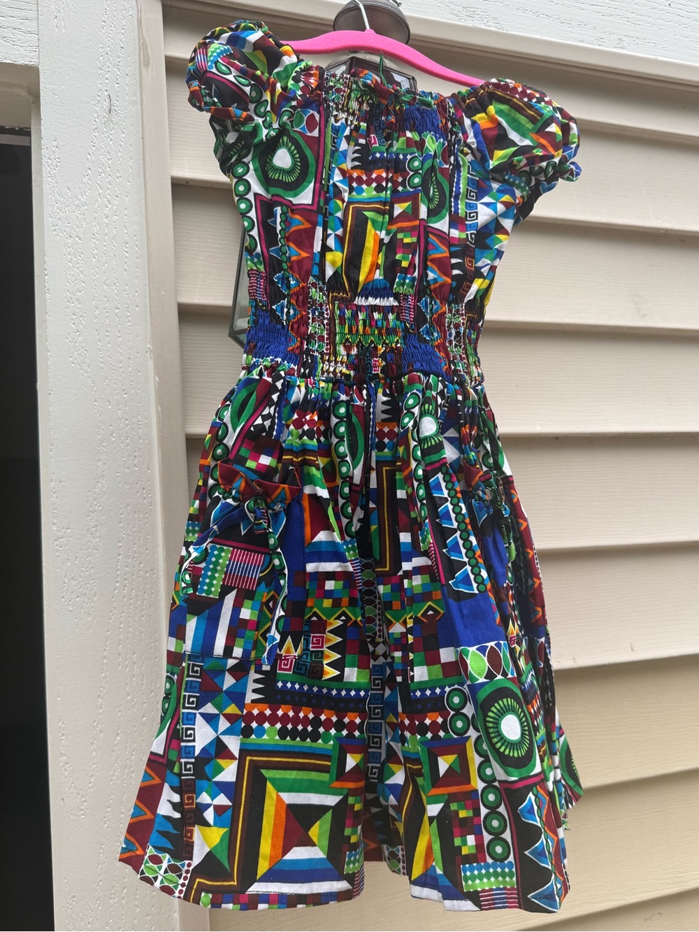 NWOT Handmade Bright Multicolor Geometric African Print Puff Sleeve Dress